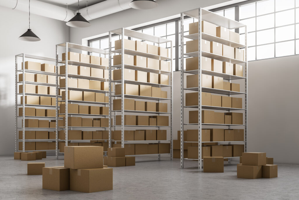Corner of a white wall warehouse, shipping